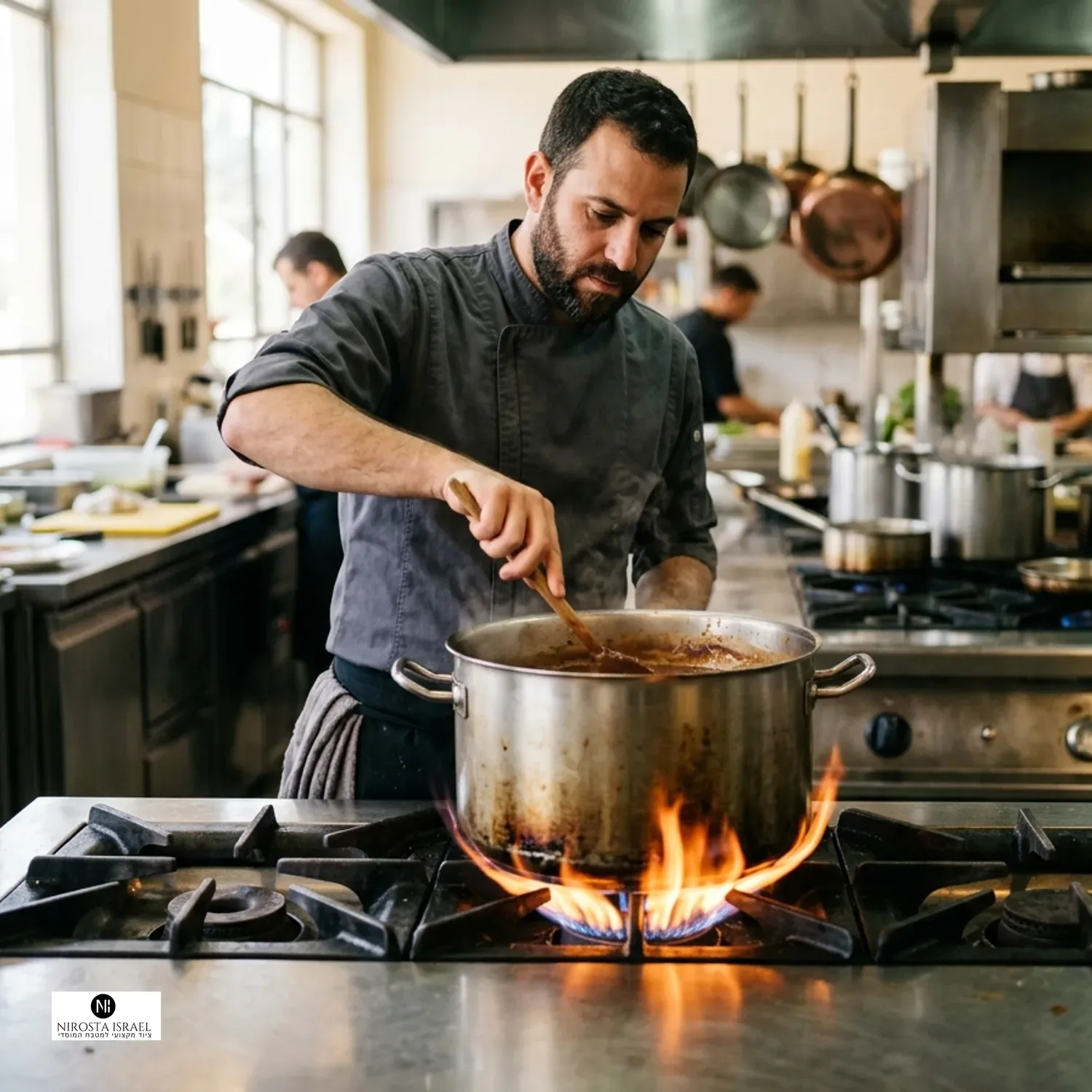 צילום מקצועי של שף מבשל על כיריים נירוסטה תעשייתיות במטבח מסעדה מואר, להבות גבוהות תחת סיר גדול, פוקוס חד על המבער והנירוסטה המבריקה